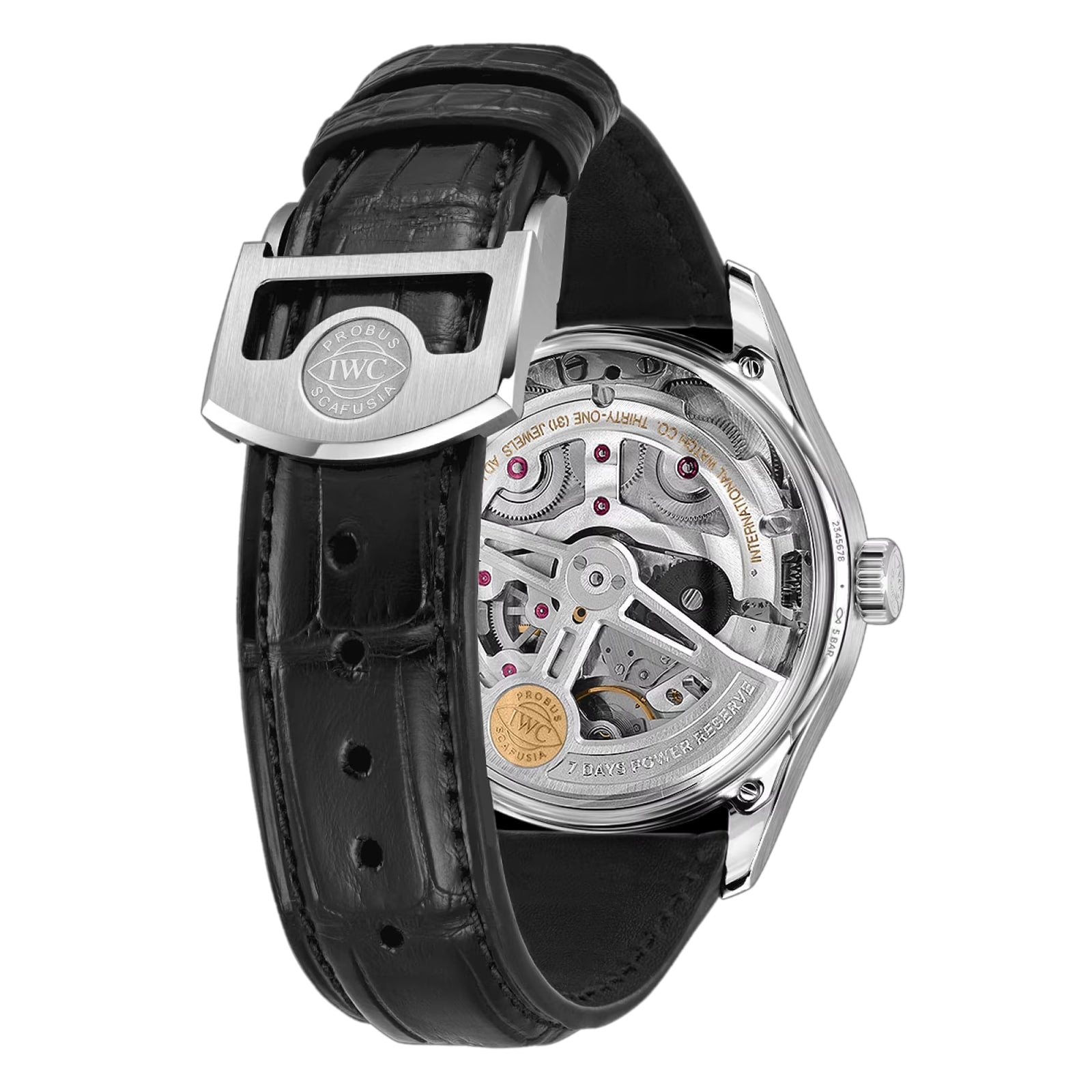 The image shows the back of the IWC Schaffhausen Portugieser Automatic 42, featuring a black leather strap and stainless steel case with a transparent back that reveals its mechanical movement and fine details.