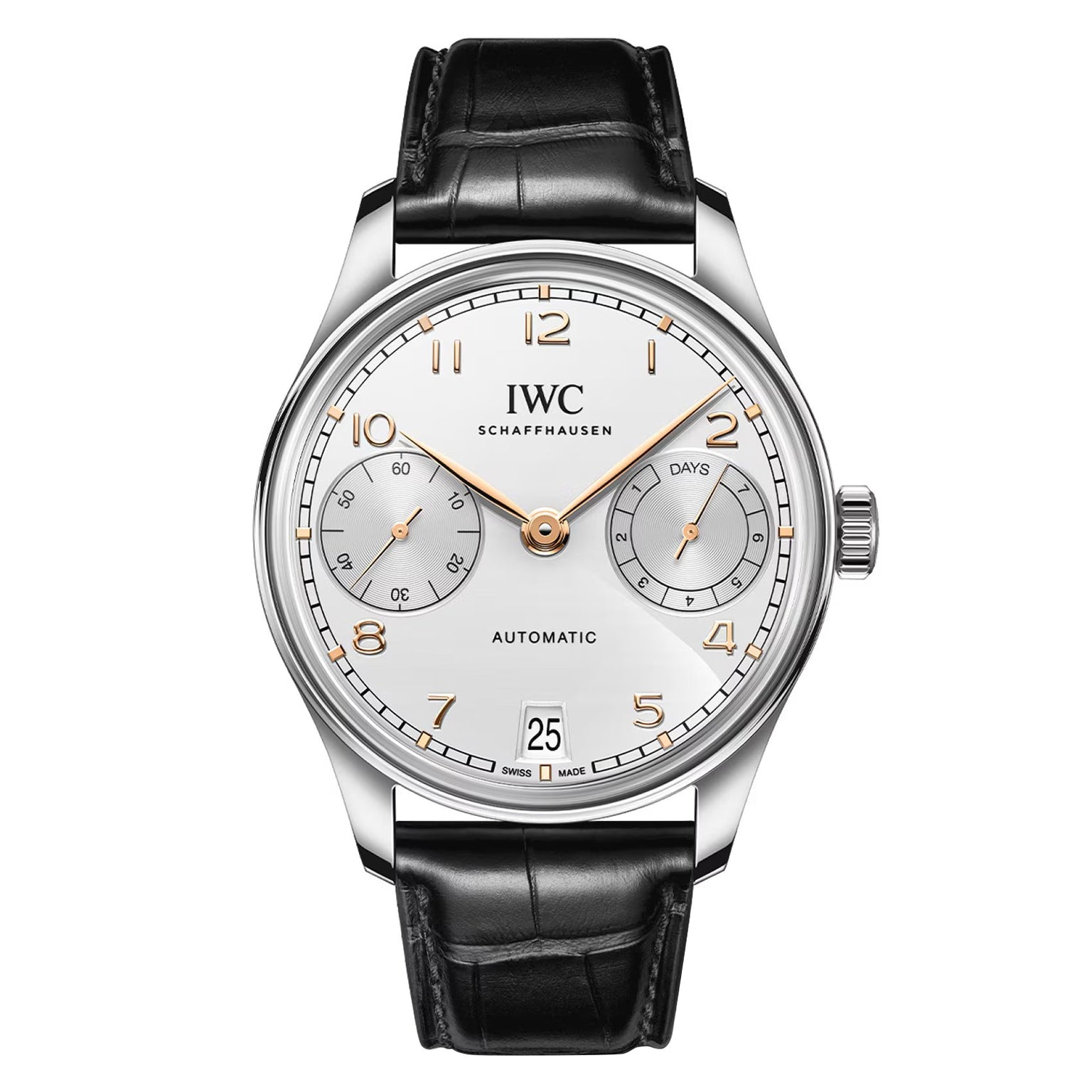 The IWC Schaffhausen Portugieser Automatic 42 features a silver case, white dial with gold markers, two subdials, date at 6 o’clock, and a black leather strap.