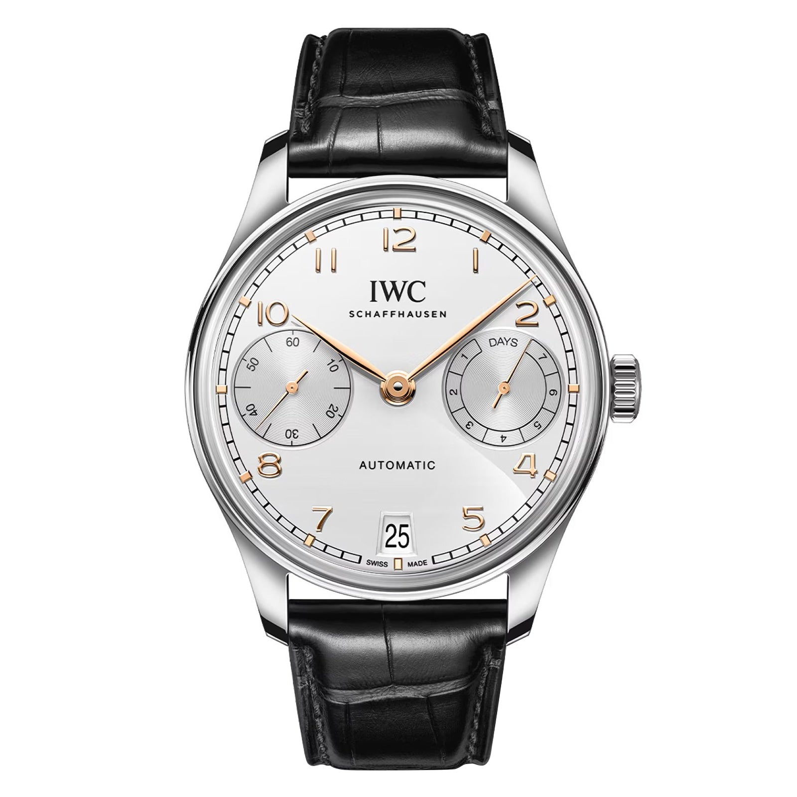 The IWC Schaffhausen Portugieser Automatic 42 features a silver case, white dial with gold markers, two subdials, date at 6 o’clock, and a black leather strap.