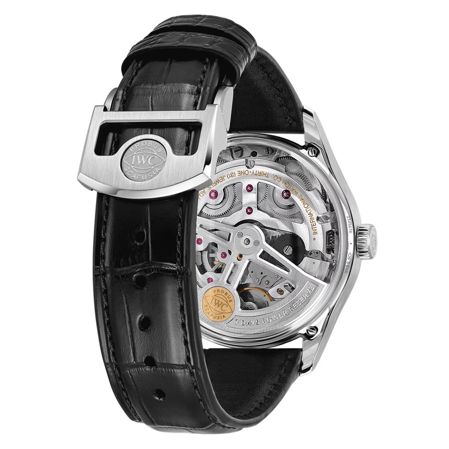 The Portugieser Automatic 42 by IWC Schaffhausen is a luxury wristwatch featuring a black leather strap and a sapphire case back showcasing the detailed 52011 calibre mechanical movement and signature branding.