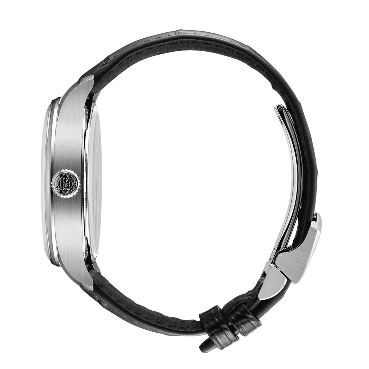 Side view of the IWC Schaffhausen Portugieser Automatic 42, featuring a round silver case, textured crown, and black leather strap with silver clasp, against a white background. Powered by the 52011 calibre.