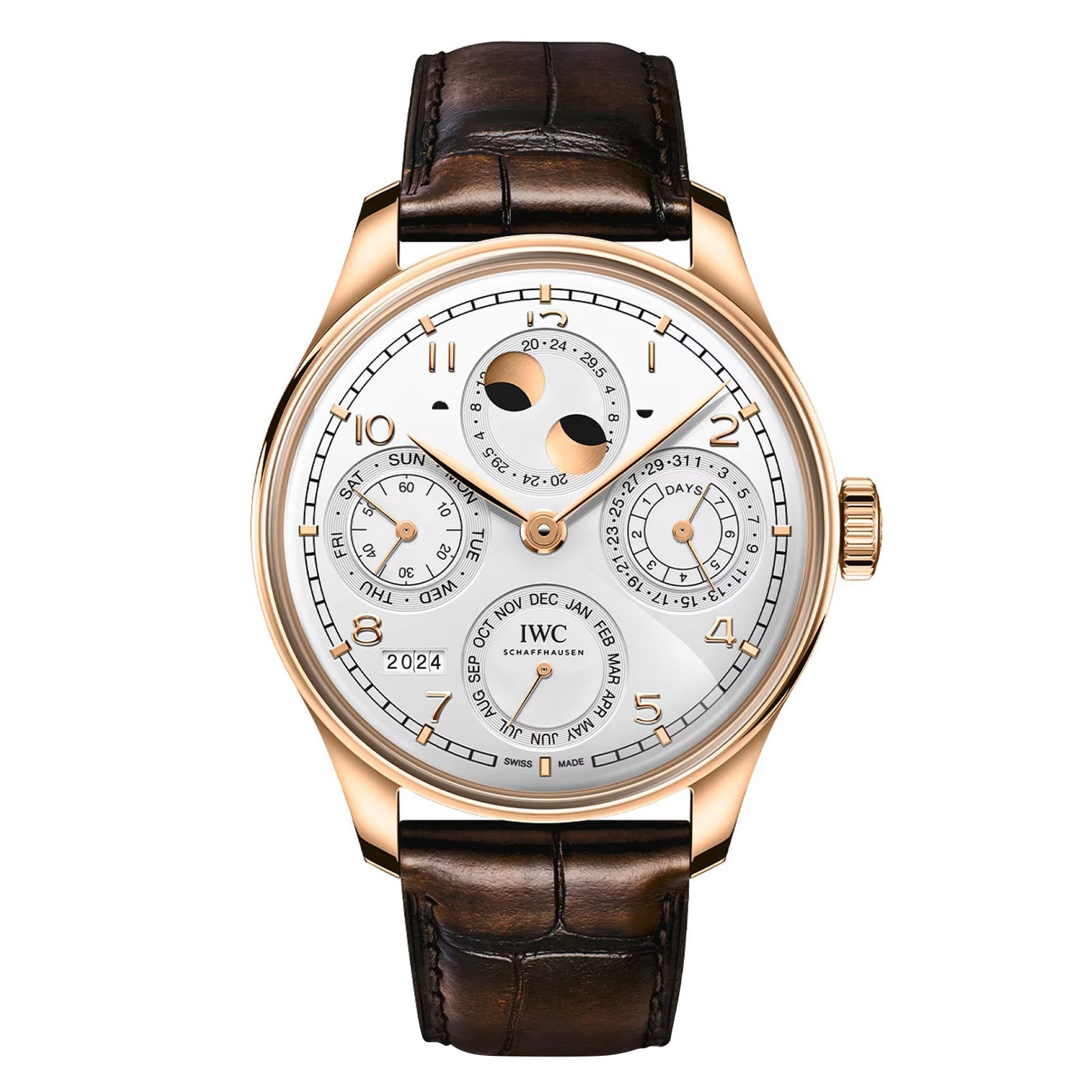 The IWC Schaffhausen Portugieser Perpetual Calendar 44 features a white dial, rose gold case, brown leather strap, multi subdials, date and month indicators, and a moon phase display.