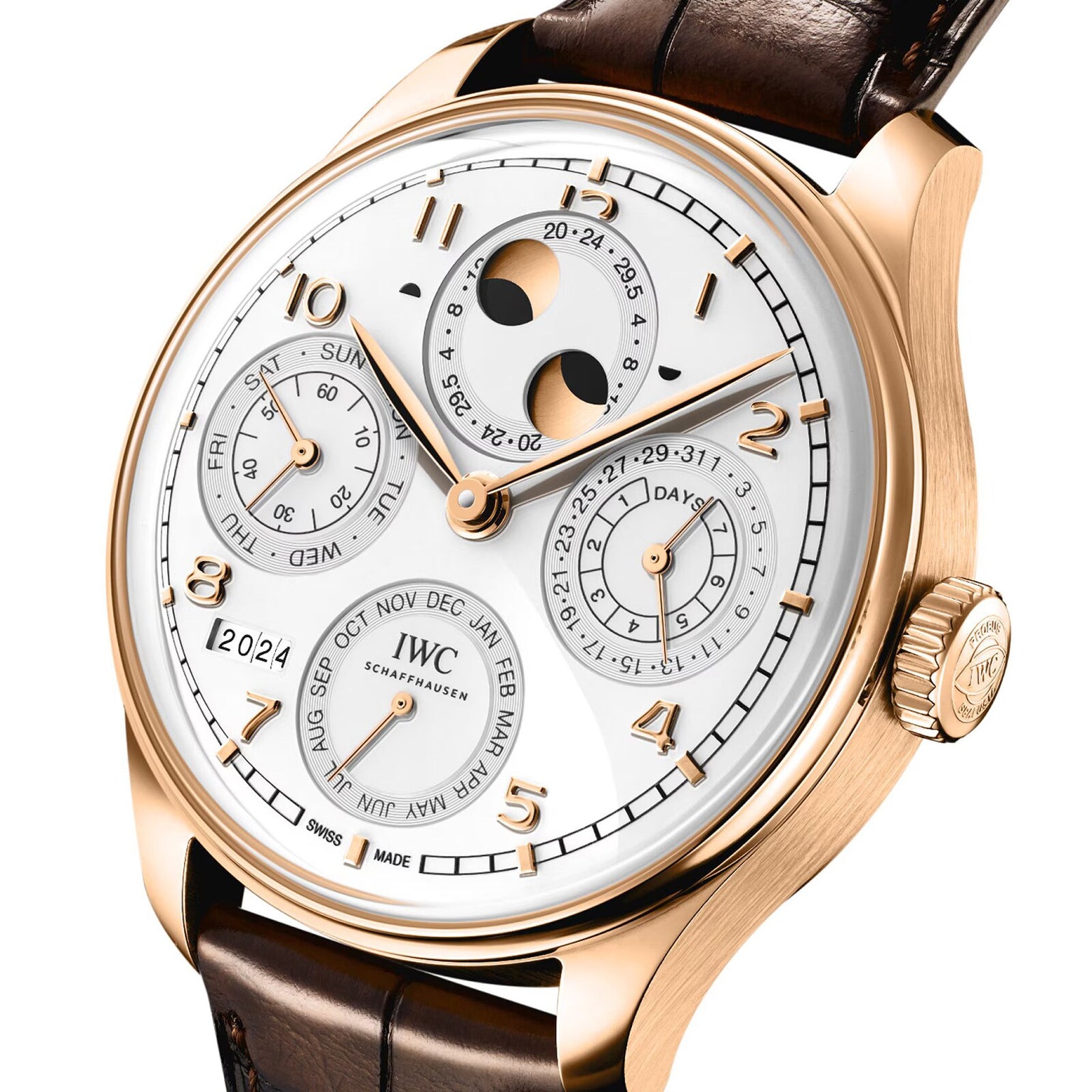 The IWC Schaffhausen Portugieser Perpetual Calendar 44 is a rose gold wristwatch with a white dial, brown leather strap, and displays for date, month, day subdials, plus a moon phase perpetual calendar.