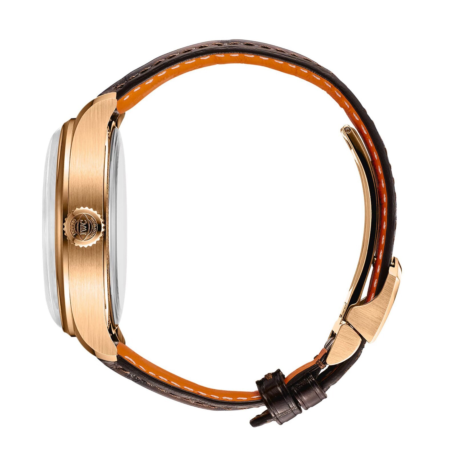 Side view of the IWC Schaffhausen Portugieser Perpetual Calendar 44 gold wristwatch with a brown leather strap, orange underside, and open buckle.