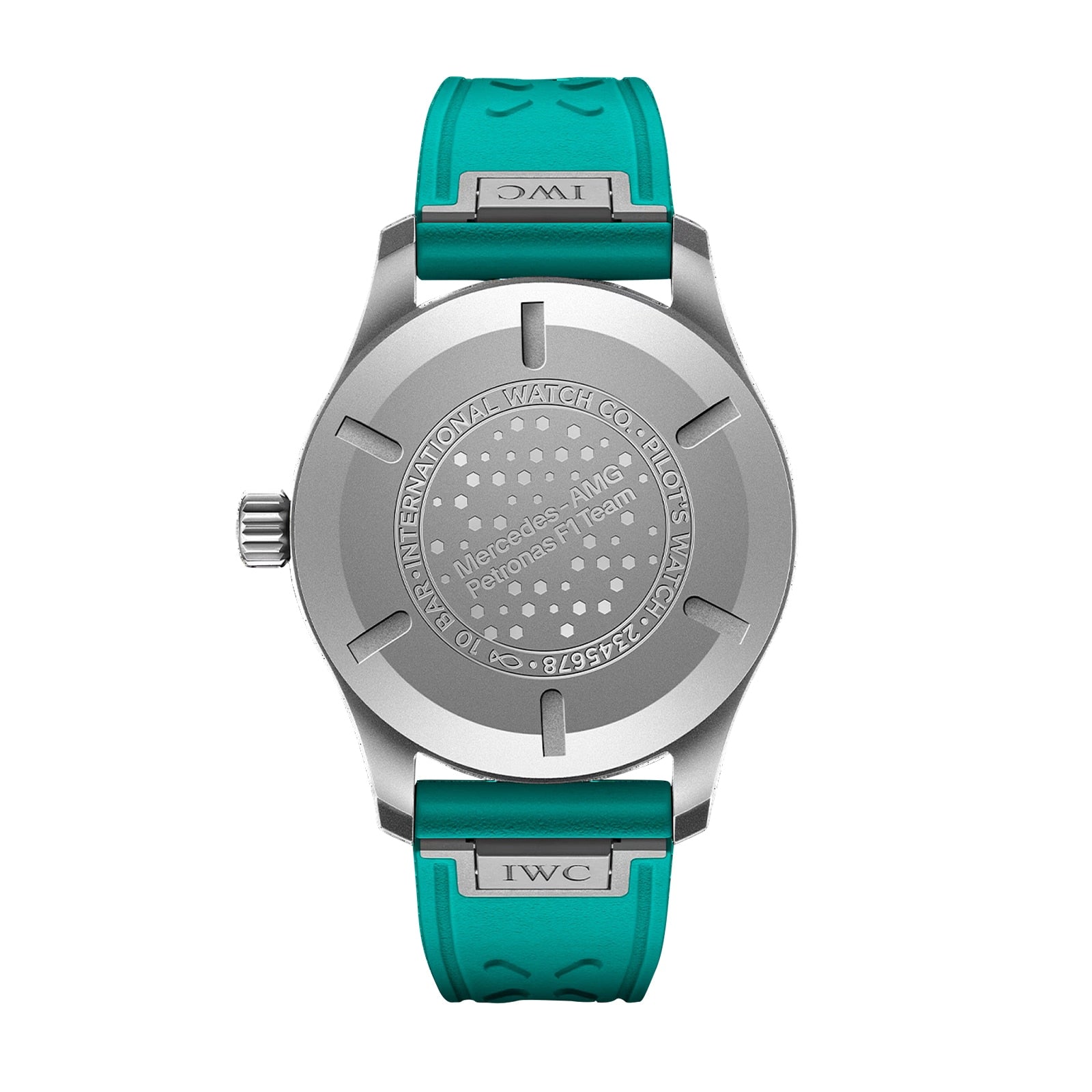 Back view of the IWC Schaffhausen Pilots Watch Mark XX Mercedes-AMG PETRONAS, featuring a silver case back with engraved text and circular dot pattern, paired with a teal strap.