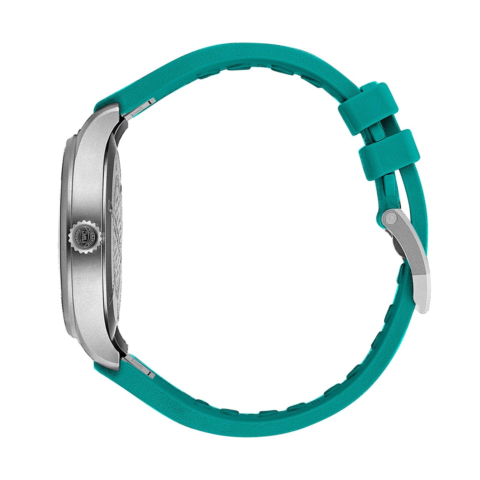 Side view of the IWC Schaffhausen Pilots Watch Mark XX Mercedes-AMG PETRONAS, featuring a teal silicone strap and silver case, shown against a white background.