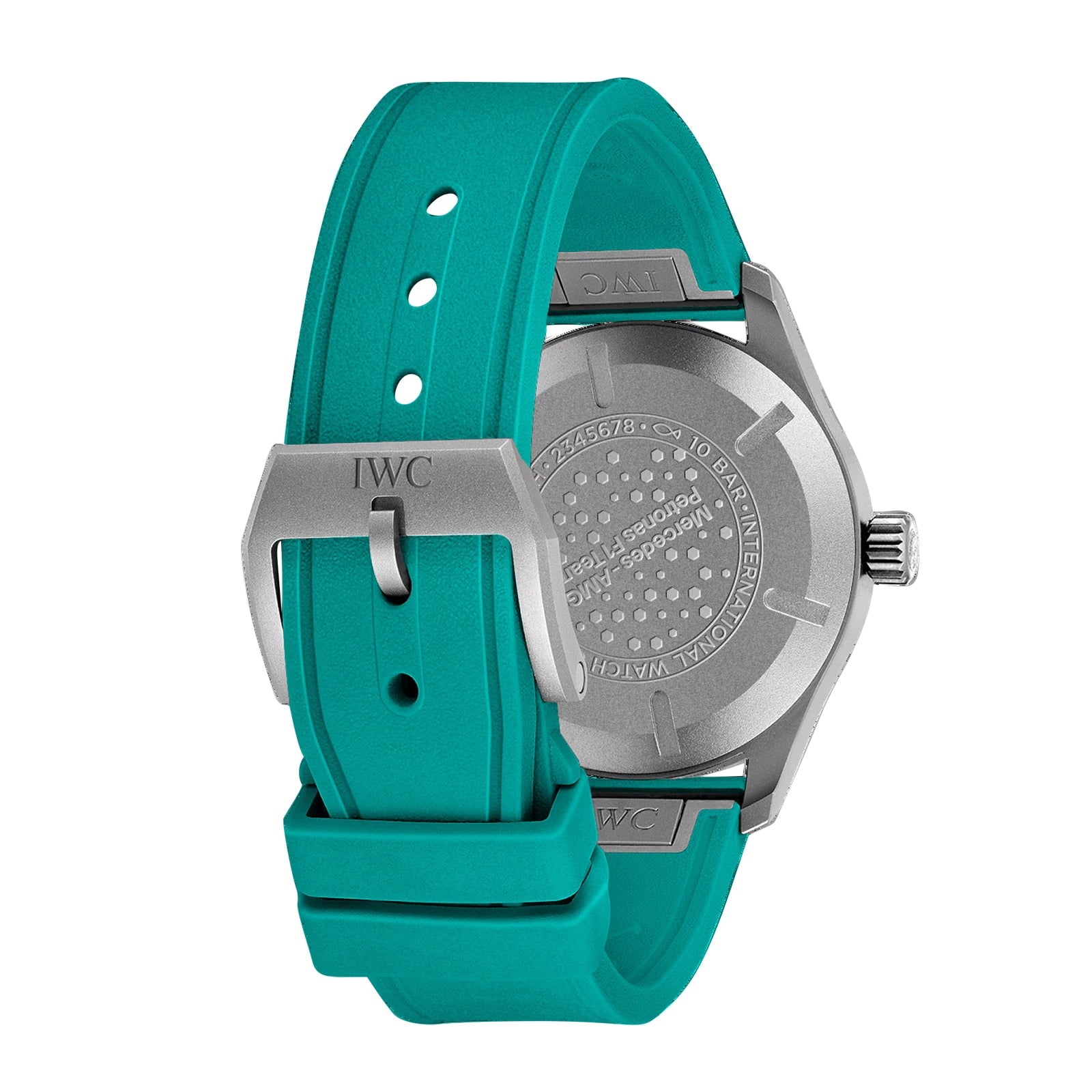 The back of an IWC Schaffhausen Pilots Watch Mark XX Mercedes-AMG PETRONAS with a teal rubber strap and a silver buckle engraved with IWC.