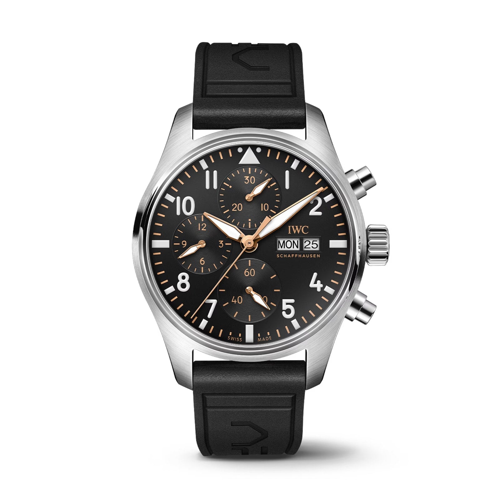 The IWC Schaffhausen Pilot’s Watch Chronograph 41 APXGP features a stainless steel case, black dial with three subdials, day and date display, and a black rubber strap with the EasX-CHANGE system.