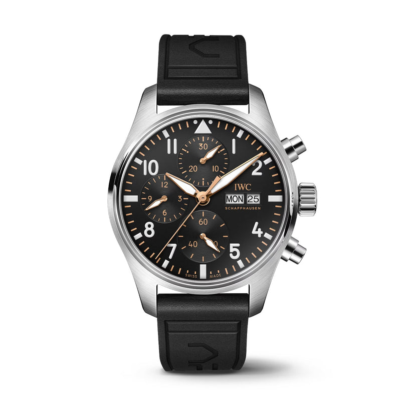 The IWC Schaffhausen Pilot’s Watch Chronograph 41 APXGP features a stainless steel case, black dial with three subdials, day and date display, and a black rubber strap with the EasX-CHANGE system.