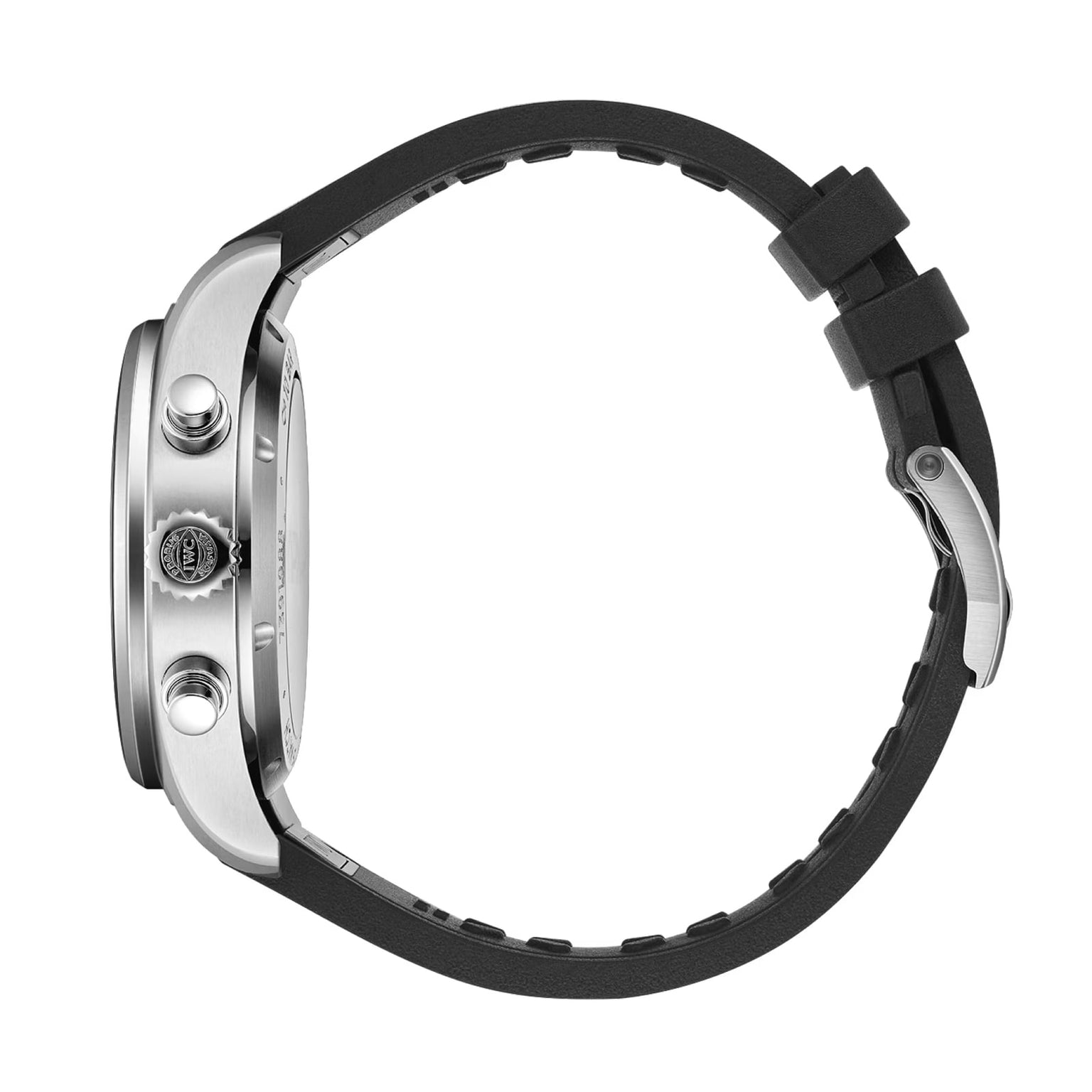 Side view of the IWC Schaffhausen Pilot’s Watch Chronograph 41 APXGP, showcasing a stainless steel case, black rubber strap with EasX-CHANGE system, and visible crown and pushers on the right.