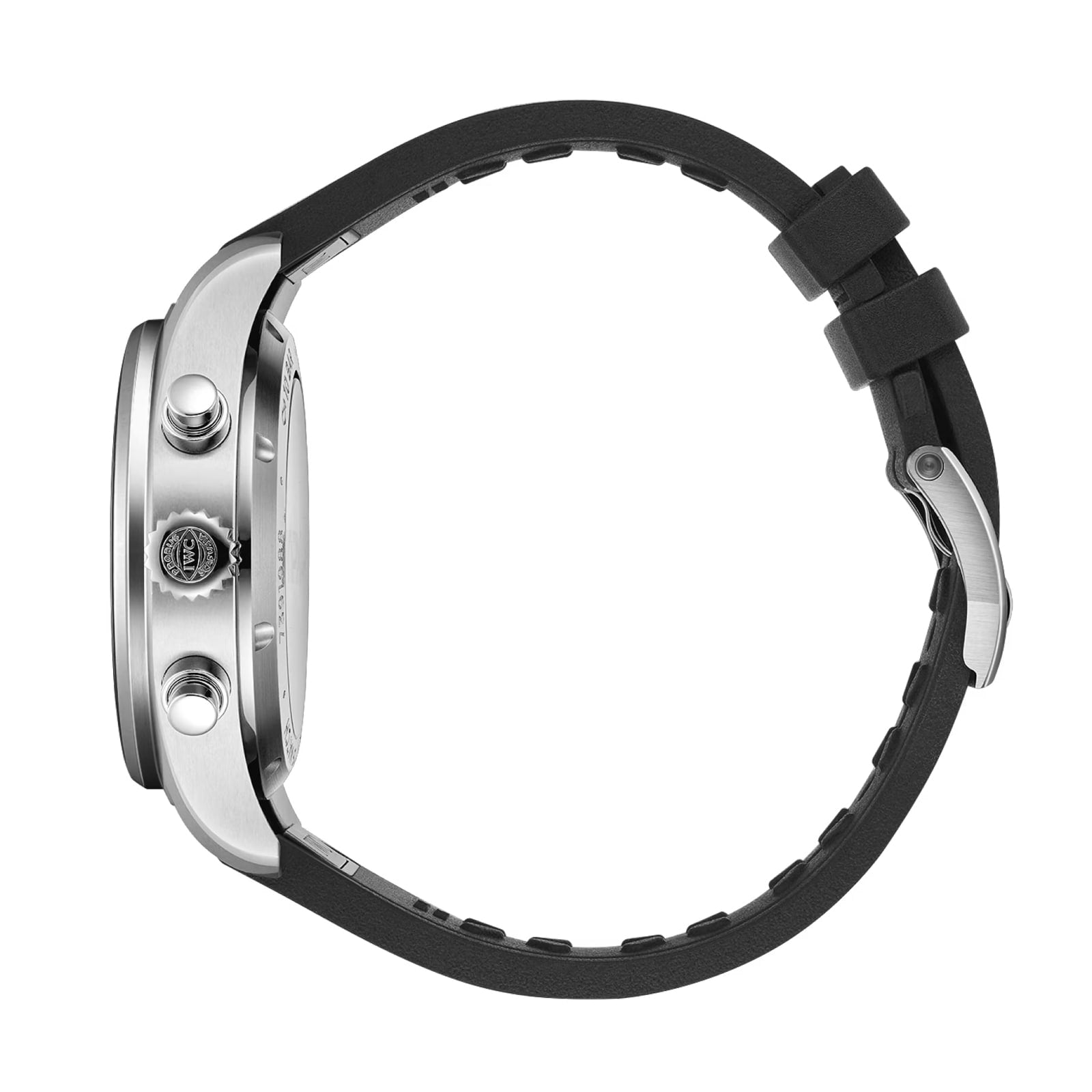 Side view of the IWC Schaffhausen Pilot’s Watch Chronograph 41 APXGP, showcasing a stainless steel case, black rubber strap with EasX-CHANGE system, and visible crown and pushers on the right.