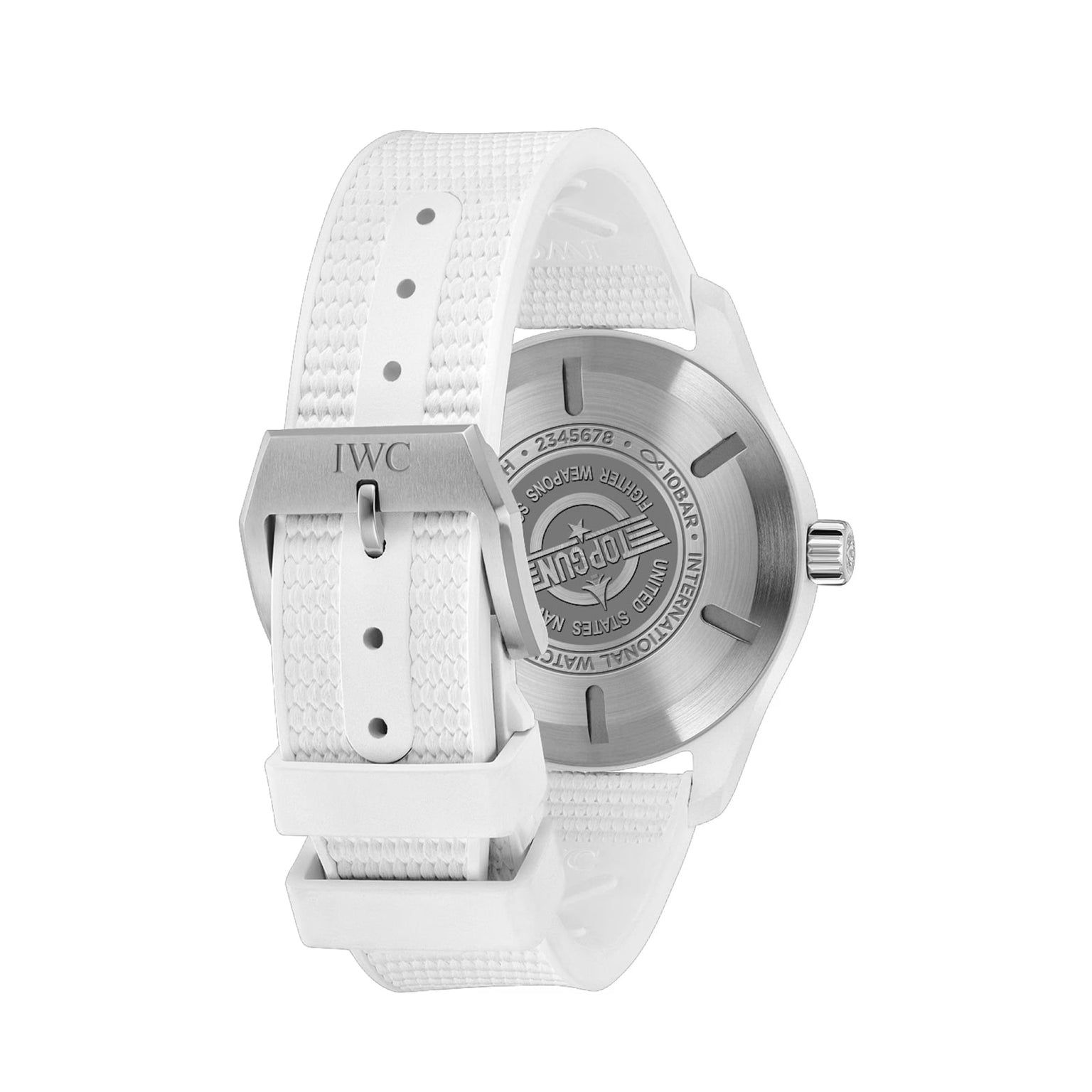 The IWC Schaffhausen Pilots Watch Automatic 41 Top Gun Lake Tahoe features a stainless steel case, white textured rubber strap, engraved case back, and branded metal buckle.
