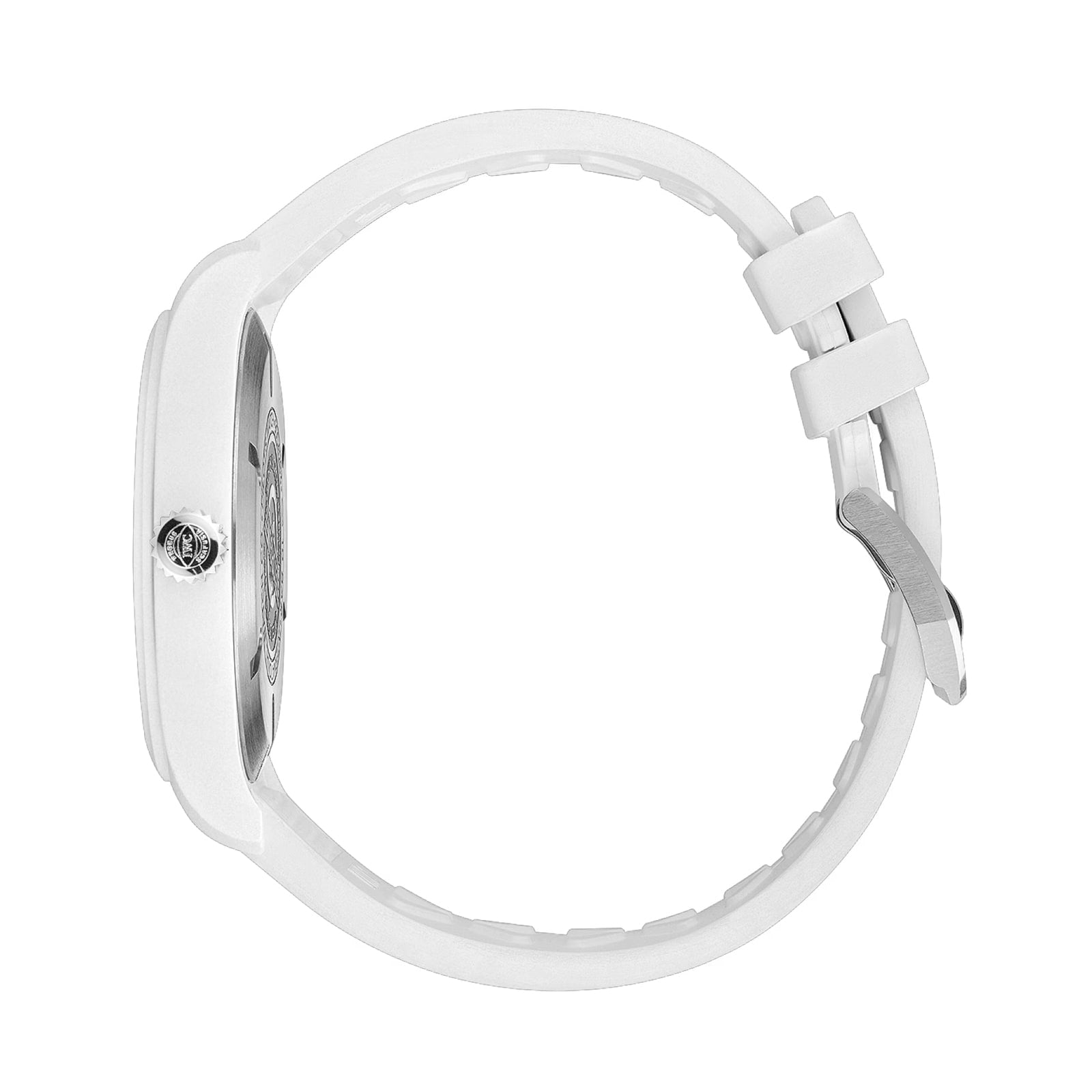 Side view of the IWC Schaffhausen Pilots Watch Automatic 41 Top Gun Lake Tahoe, featuring a white round face and white band, displayed against a white background.