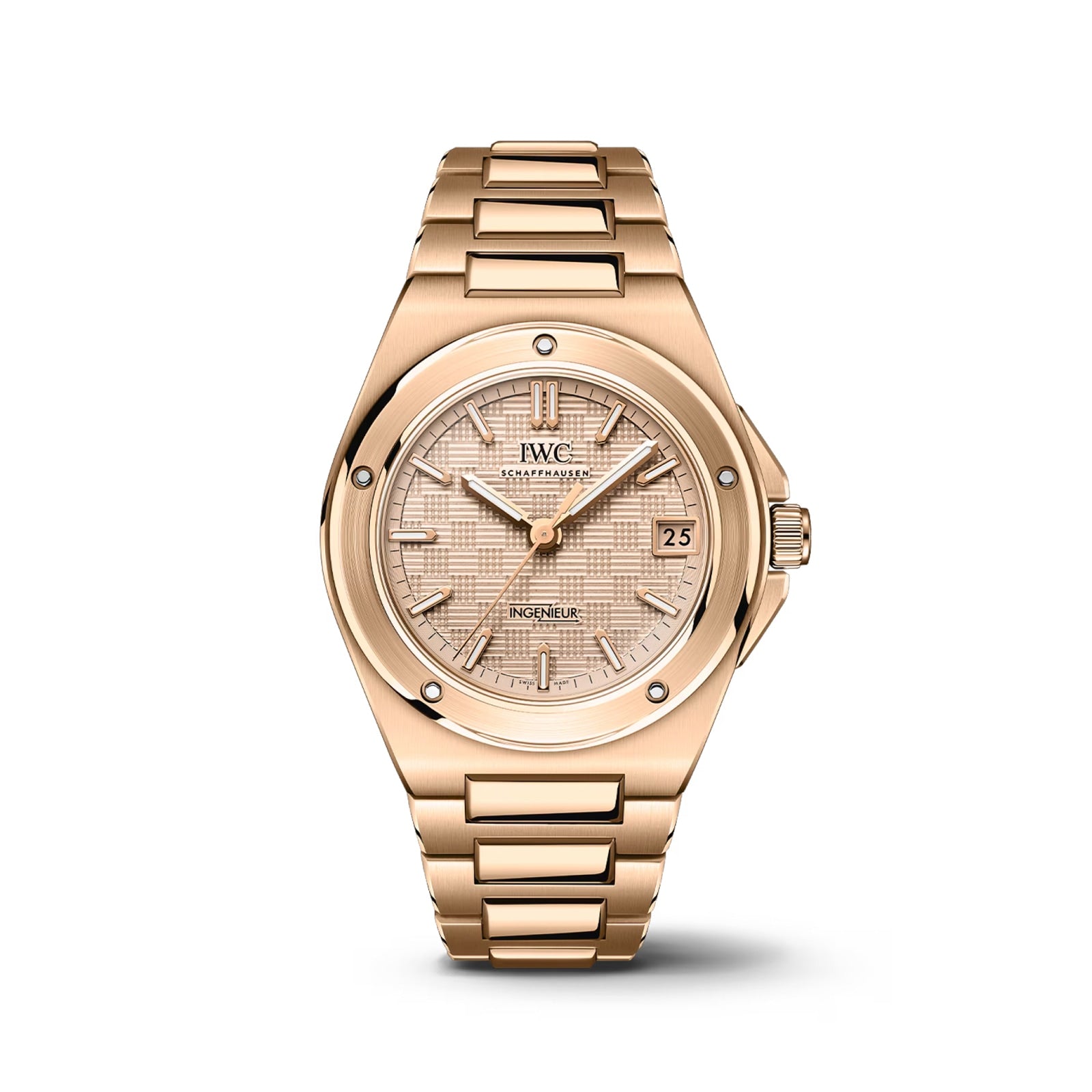 The IWC Schaffhausen Ingenieur Automatic 35 is a gold luxury wristwatch inspired by Gérald Genta, with a linked bracelet, round bezel, patterned dial, date window at 3 o’clock, and simple hour markers—showcasing timeless elegance.