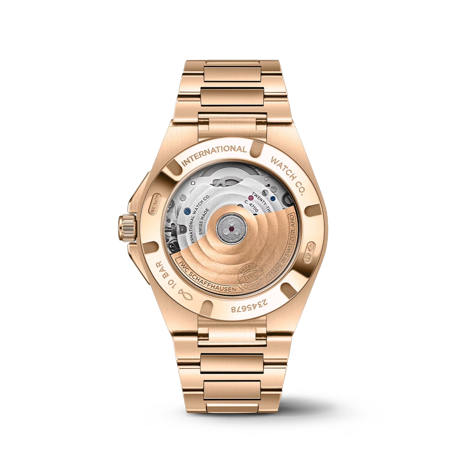 IWC Schaffhausen’s Ingenieur Automatic 35 gold wristwatch features an exhibition case back revealing the inner mechanical movement and engraved markings, including the brand and serial numbers.