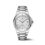 The IWC Schaffhausen Ingenieur Automatic 35 features a patterned dial, date window, and stainless steel bracelet, displayed on a white background.