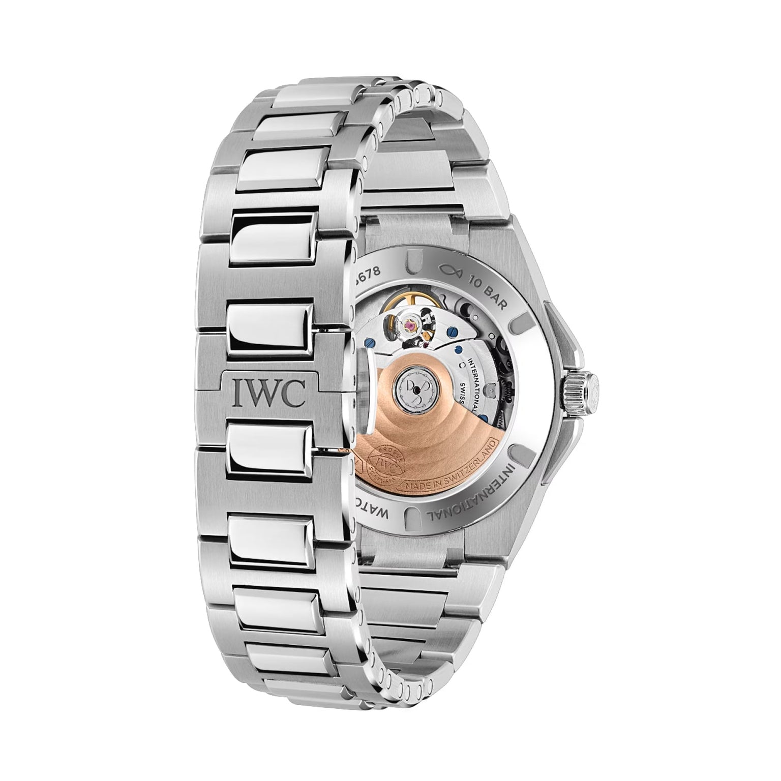 Rear view of the IWC Schaffhausen Ingenieur Automatic 35 displays its see-through caseback, mechanical movement, and an engraved IWC logo on the clasp, celebrating Gérald Genta’s iconic design.