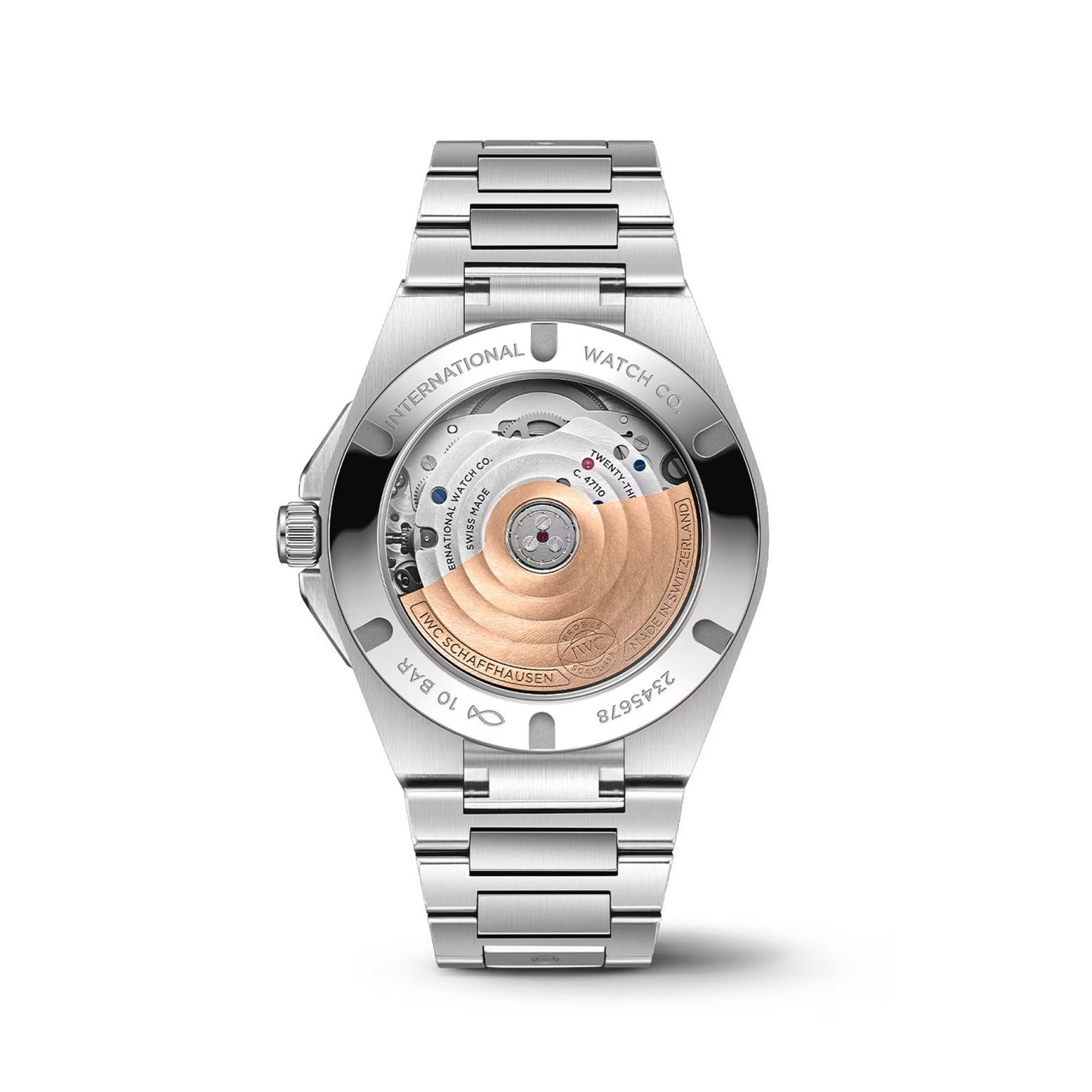 The IWC Schaffhausen Ingenieur Automatic 35 features a stainless steel case, transparent back revealing its mechanical movement, and a rose gold rotor—all inspired by Gérald Gentas iconic design.
