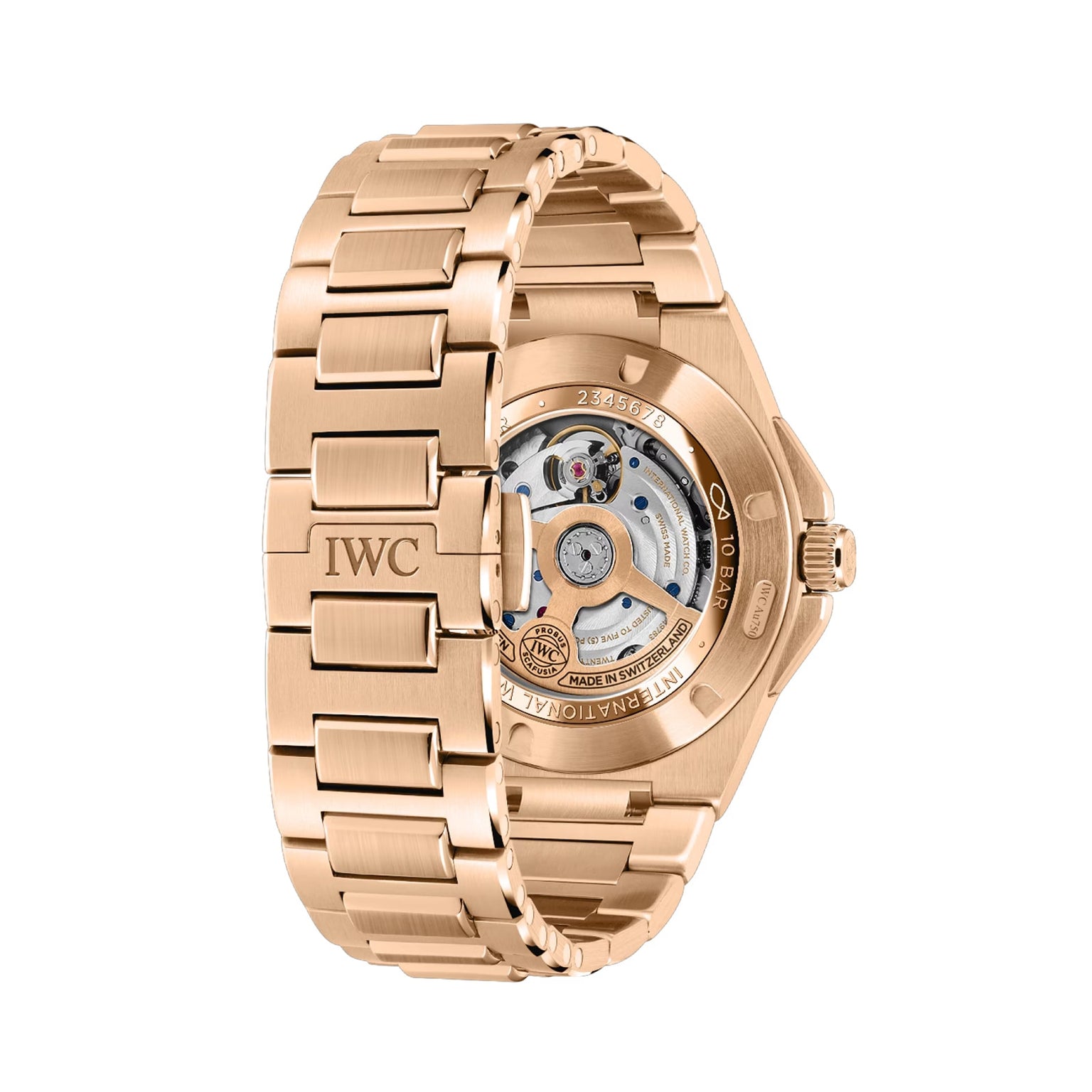The back of the Ingenieur Automatic 40 by IWC Schaffhausen reveals its intricate movement through a see-through case and is finished with an engraved 18-carat gold bracelet—an exquisite watch for collectors.