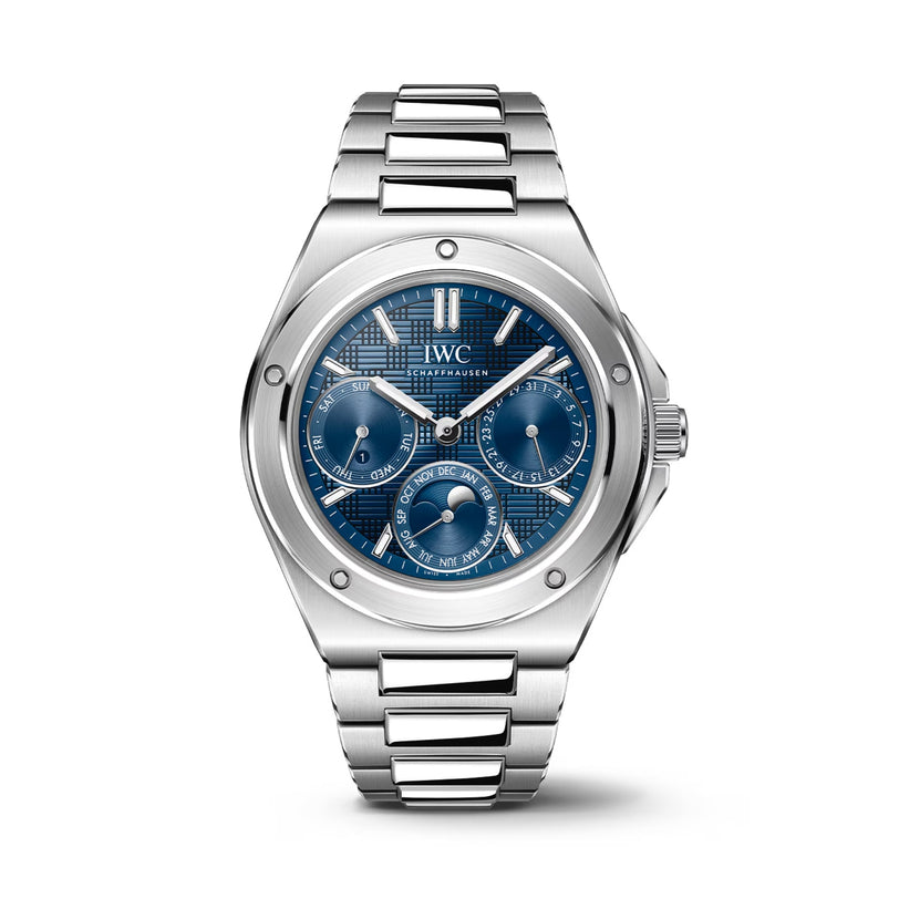 The IWC Schaffhausen Ingenieur Perpetual Calendar 41, designed by Gérald Genta, features a blue textured dial with three subdials, date display, and stainless steel bracelet, shown on a white background.