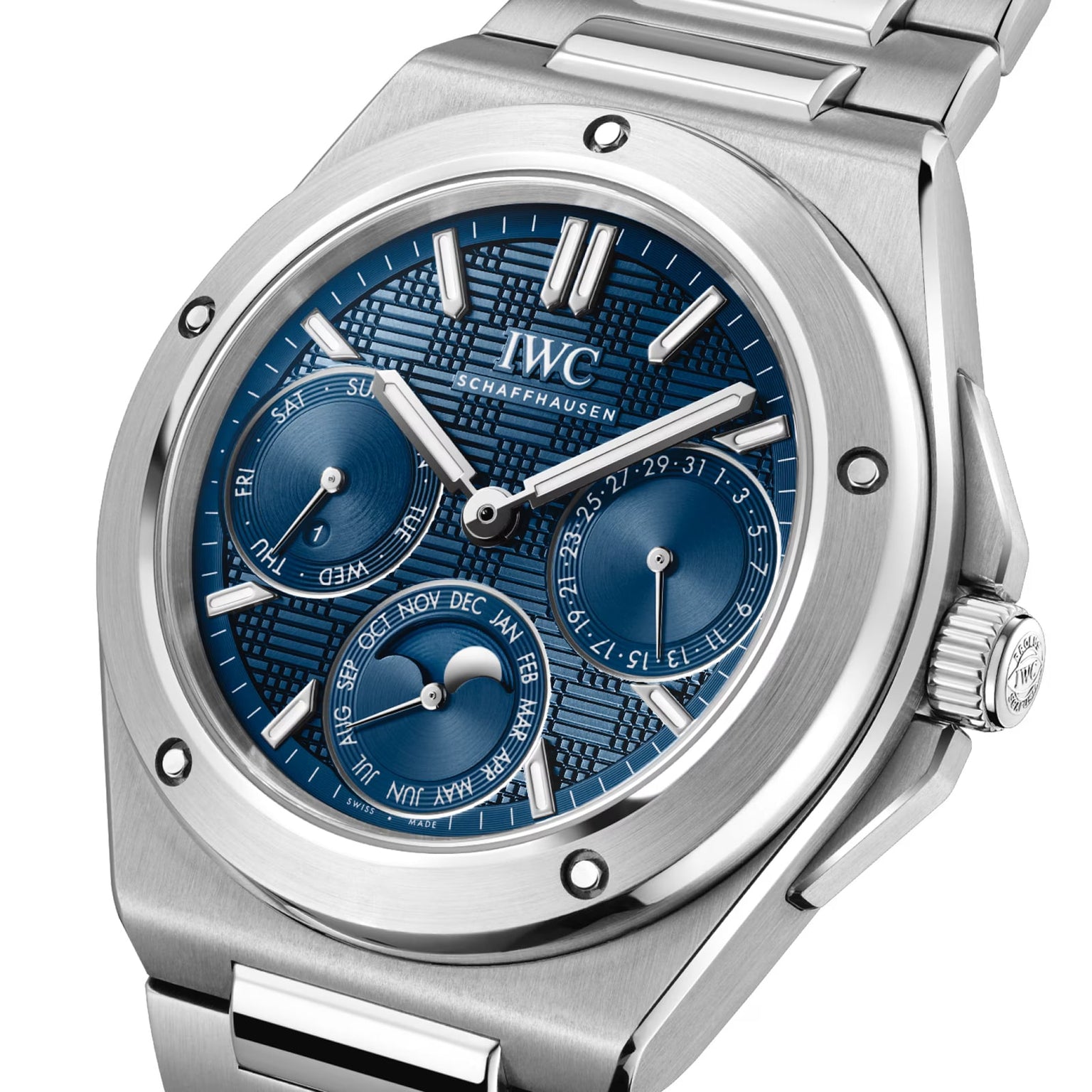 Close-up of the IWC Schaffhausen Ingenieur Perpetual Calendar 41, a stainless steel timepiece with a blue textured dial, three subdials, and date indicators inspired by classic Gérald Genta design.