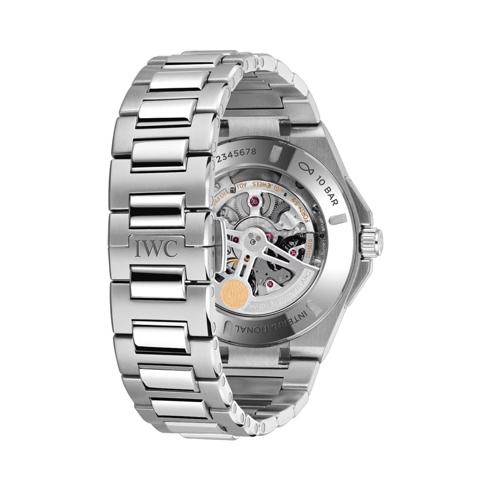 The IWC Schaffhausen Ingenieur Perpetual Calendar 41 is shown from the back, displaying its transparent caseback and visible mechanical movement, echoing Gérald Genta’s iconic design.