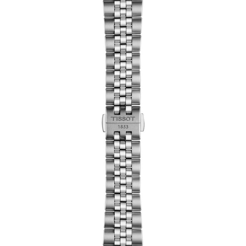 Silver watch bracelet with Tissot logo on a white background