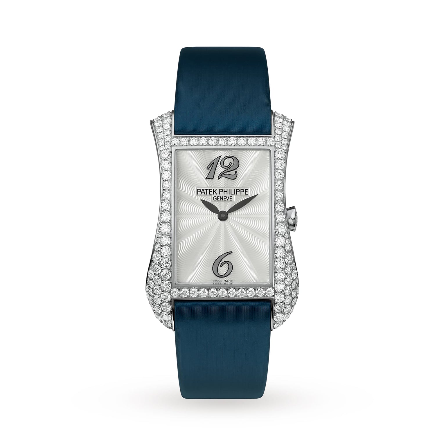 Patek Philippe Gondolo 4972G-001 silver watch with a blue strap and diamond-set bezel displayed on a white background.