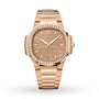 The Patek Philippe Nautilus 7118/1200R-010 is a rose gold luxury watch with a diamond bezel, brown dial, metal bracelet, and date display.