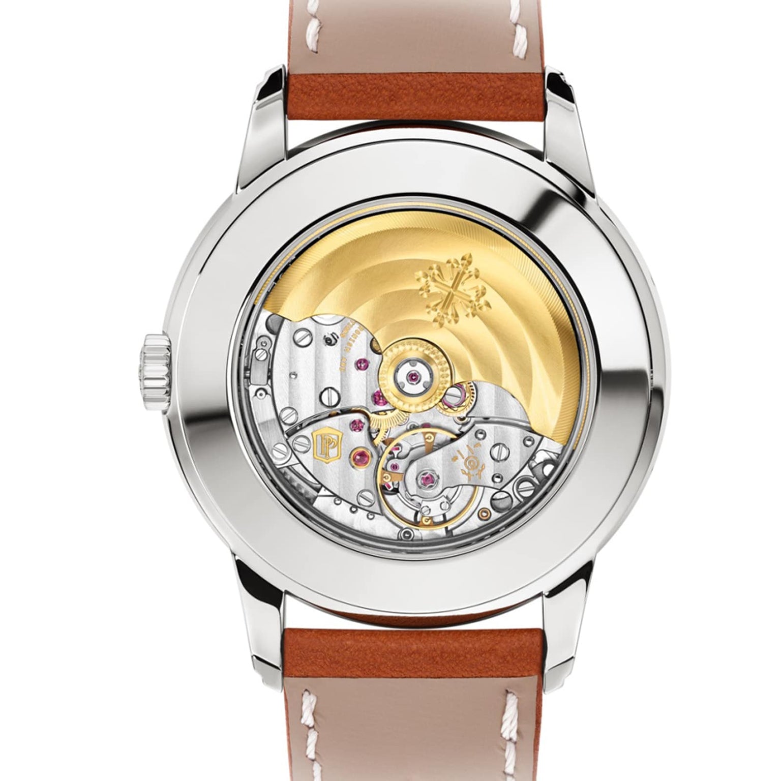 Close-up of the Patek Philippe Complication 5212A-001’s transparent case back displaying its mechanical movement and brown leather strap.