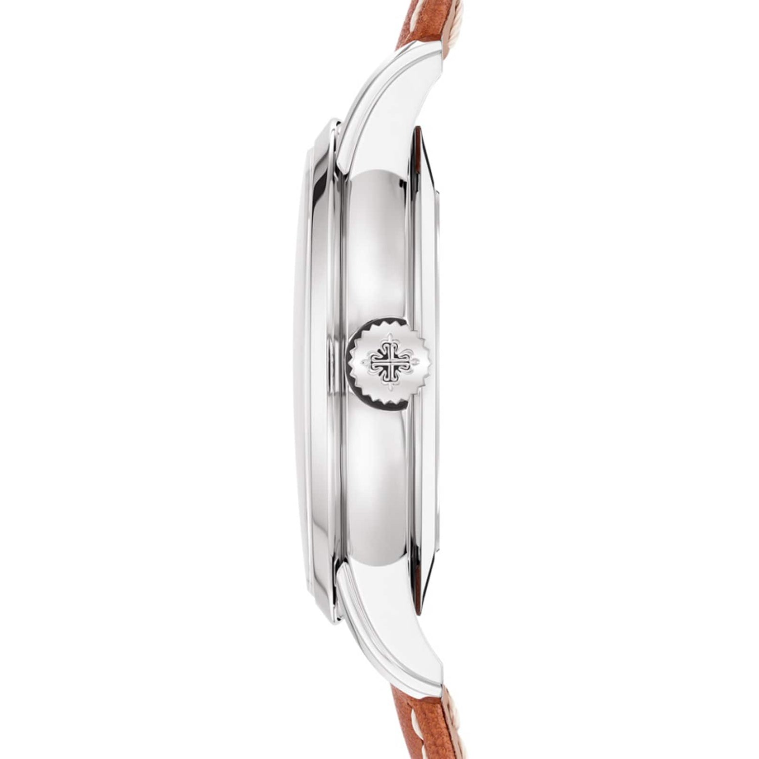Side view of the Patek Philippe Complication 5212A-001, featuring a silver case, brown leather strap, and engraved crown.