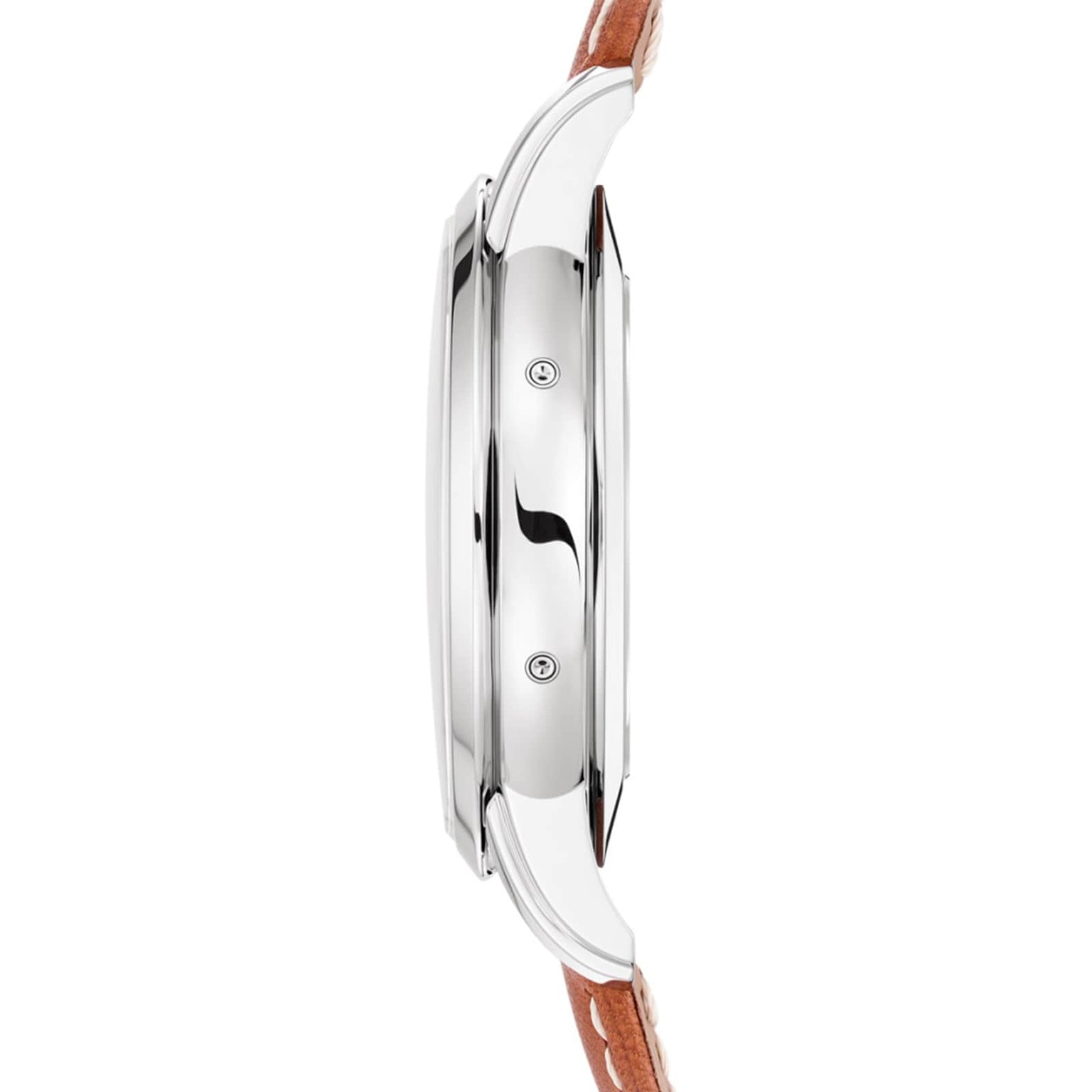Side view of the Patek Philippe Complication 5212A-001, a silver wristwatch with a brown leather strap, highlighting its thin profile.