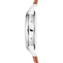 Side view of the Patek Philippe Complication 5212A-001, a silver wristwatch with a brown leather strap, highlighting its thin profile.