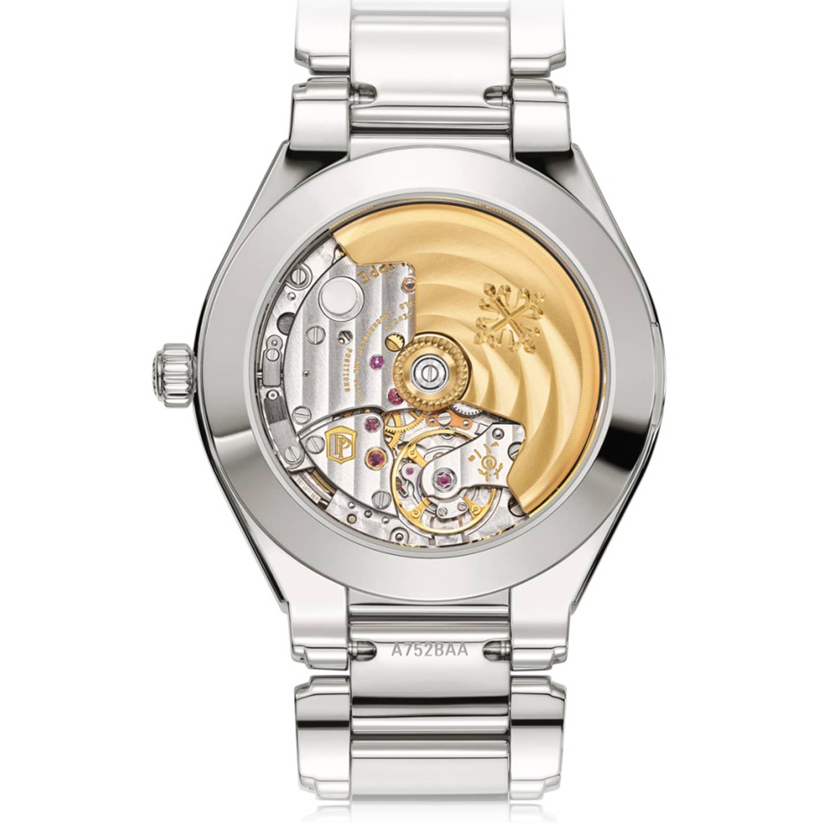 Close-up of the Patek Philippe Twenty~4 7300/1200A-011s transparent case back displaying its intricate gold and silver mechanical movement.