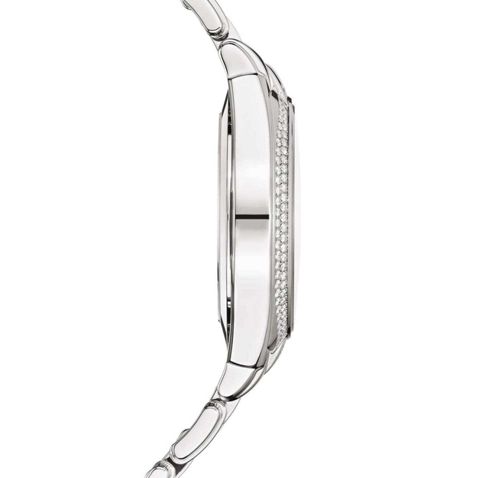 Side view of the Patek Philippe Twenty~4 7300/1200A-011, a silver wristwatch featuring a round, slim case and small diamonds set around the bezel.