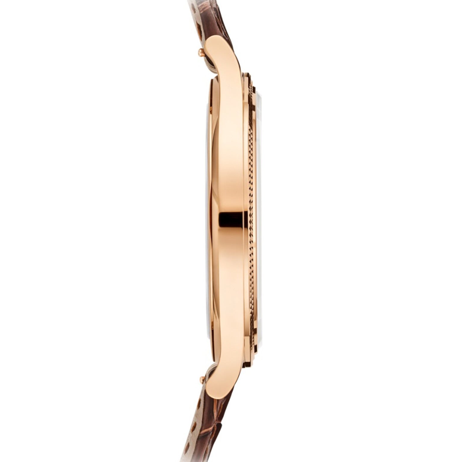 Side view of the Patek Philippe Calatrava 6119R-001 gold wristwatch with a brown leather strap, highlighting its thin, sleek profile.