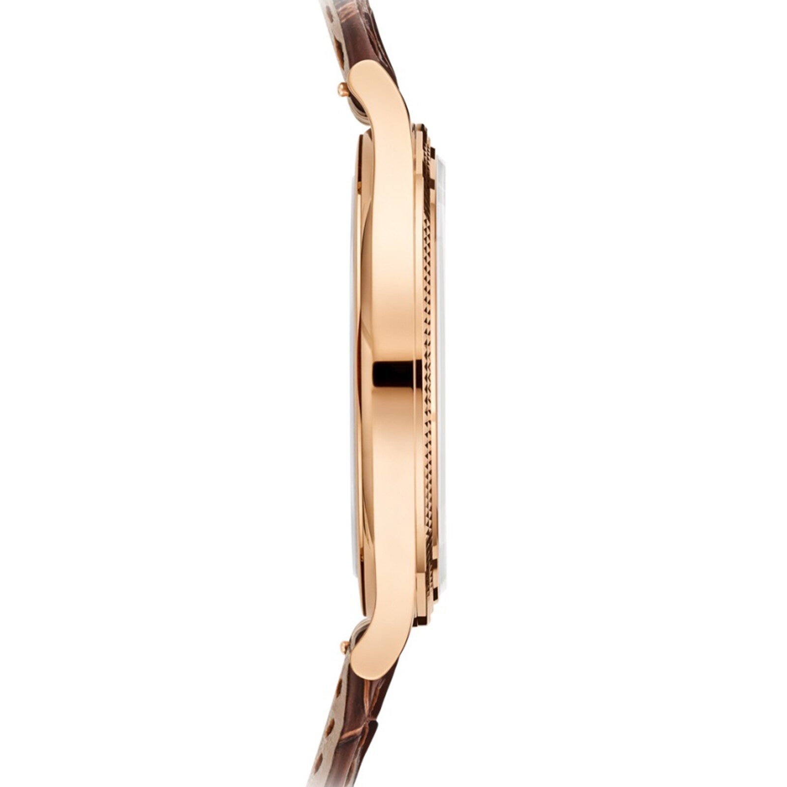 Side view of the Patek Philippe Calatrava 6119R-001 gold wristwatch with a brown leather strap, highlighting its thin, sleek profile.