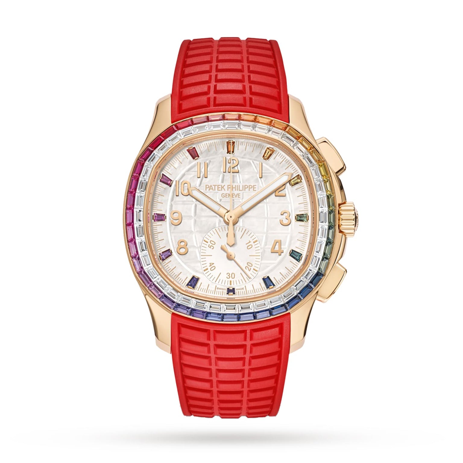 The Patek Philippe Aquanaut 7968/300R-001 features a rainbow gemstone bezel and a red textured rubber strap.