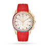 The Patek Philippe Aquanaut 7968/300R-001 features a rainbow gemstone bezel and a red textured rubber strap.