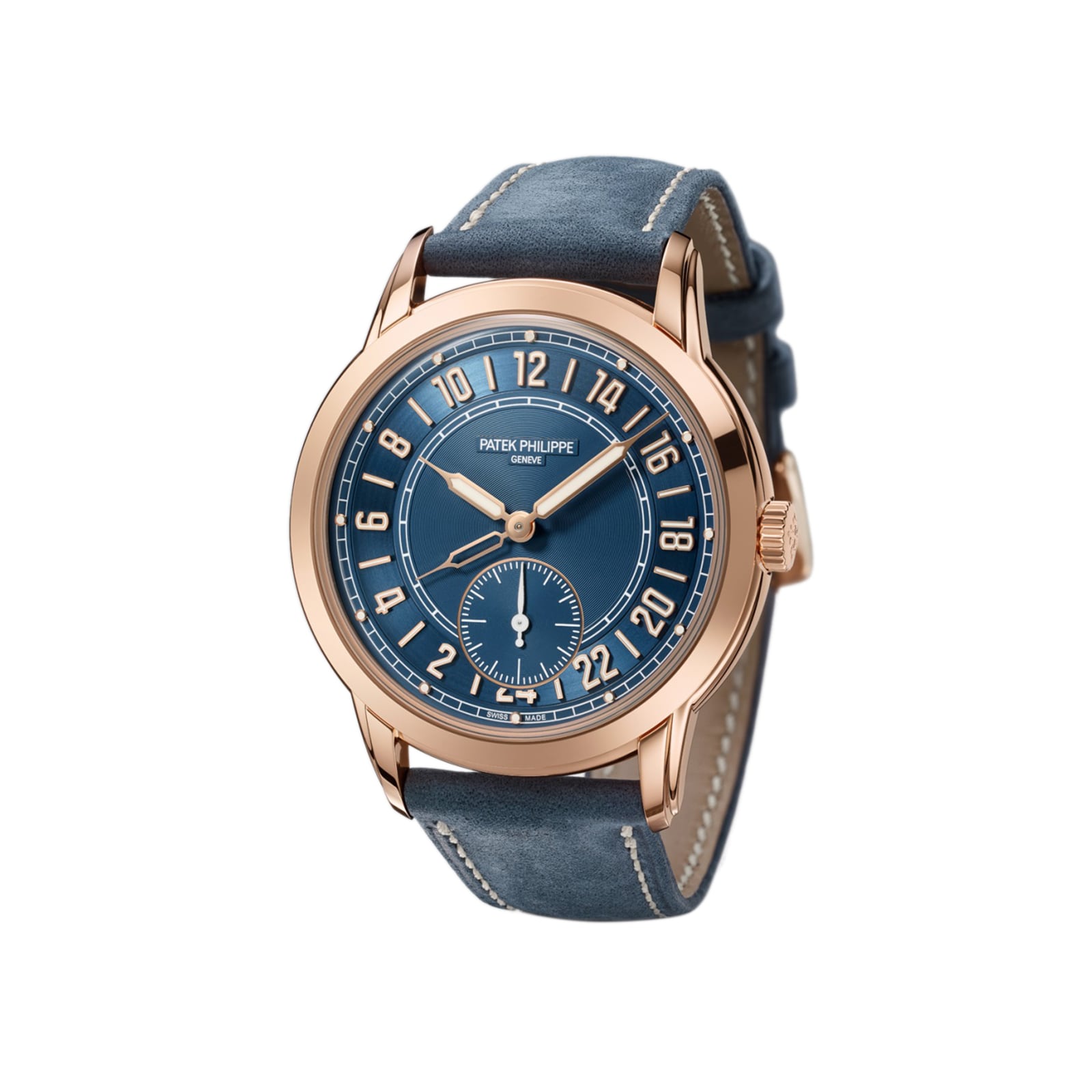 The Patek Philippe Complications 5224R-001 features a blue dial, gold case, and blue leather strap.