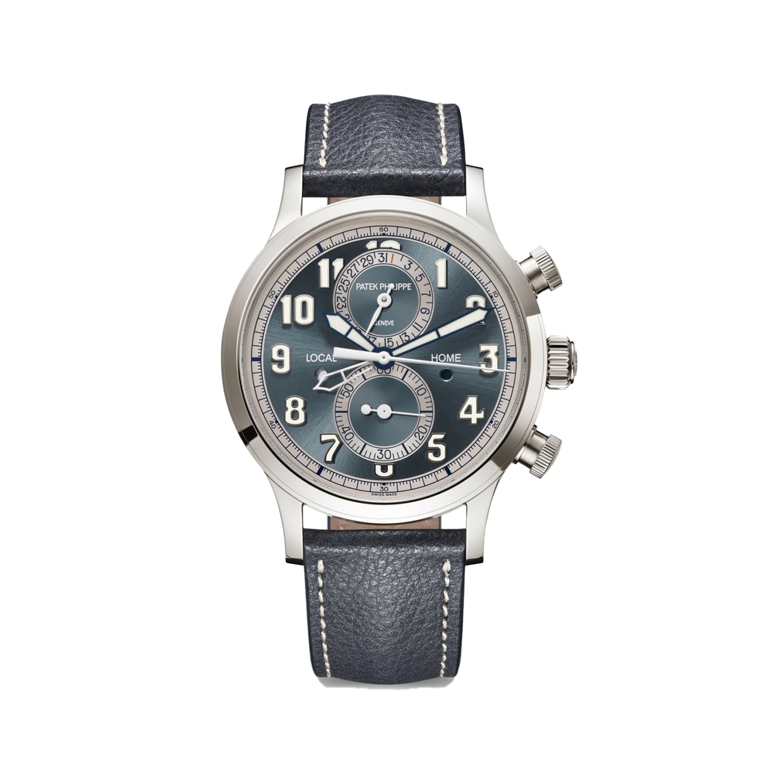 Patek Philippe Complications 5924G-001 silver wristwatch with blue leather strap, three dials, and two side buttons, shown on a white background.