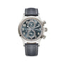 Patek Philippe Complications 5924G-001 silver wristwatch with blue leather strap, three dials, and two side buttons, shown on a white background.
