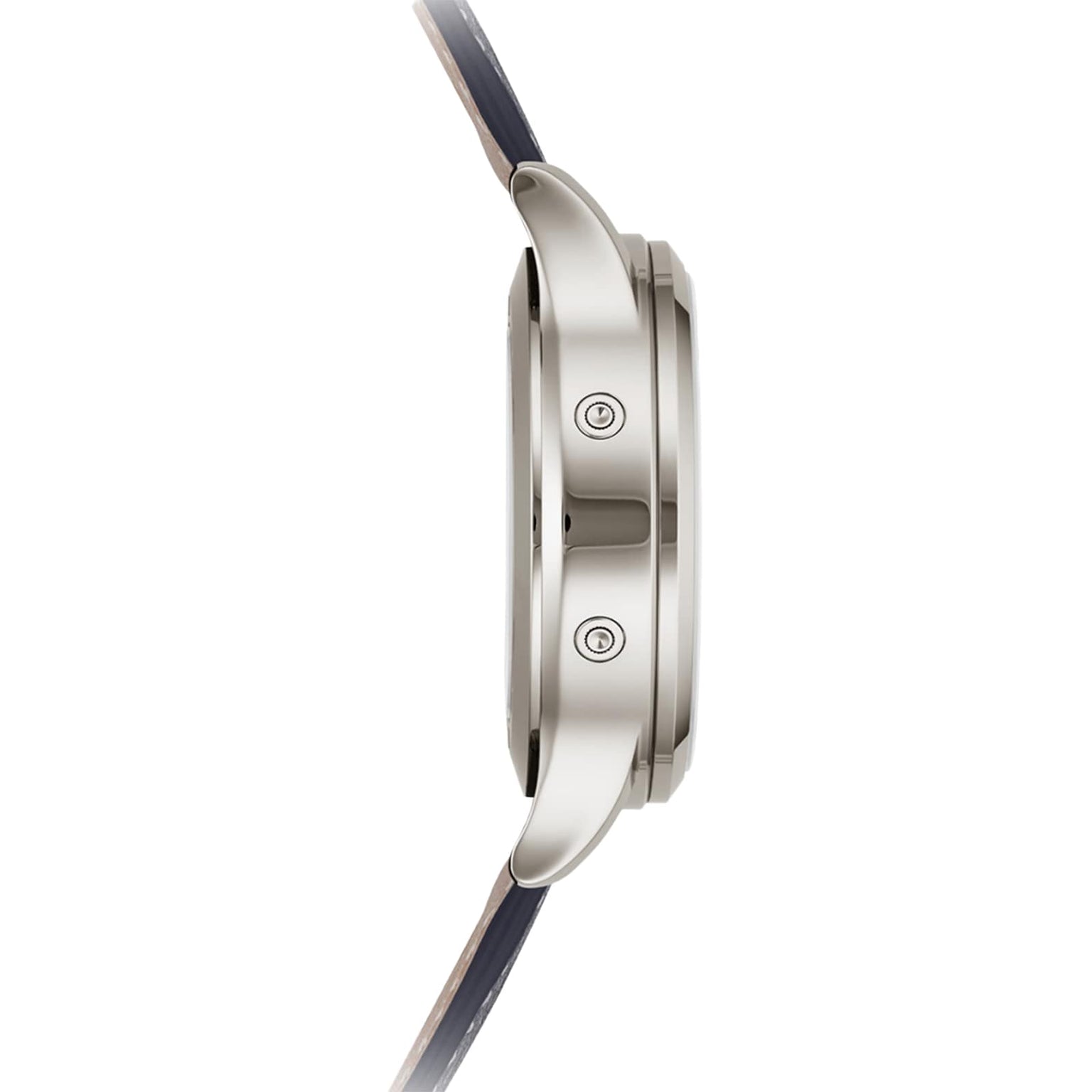 Side view of the Patek Philippe Complications 5924G-001, a silver wristwatch with two buttons and a dark strap, displayed against a white background.