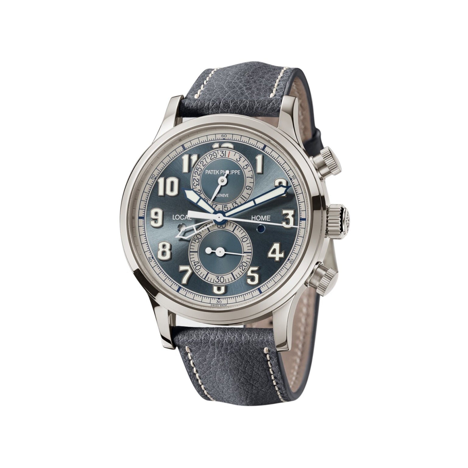 The Patek Philippe Complications 5924G-001 is a luxury wristwatch with a blue dial, multiple subdials, and a gray leather strap.