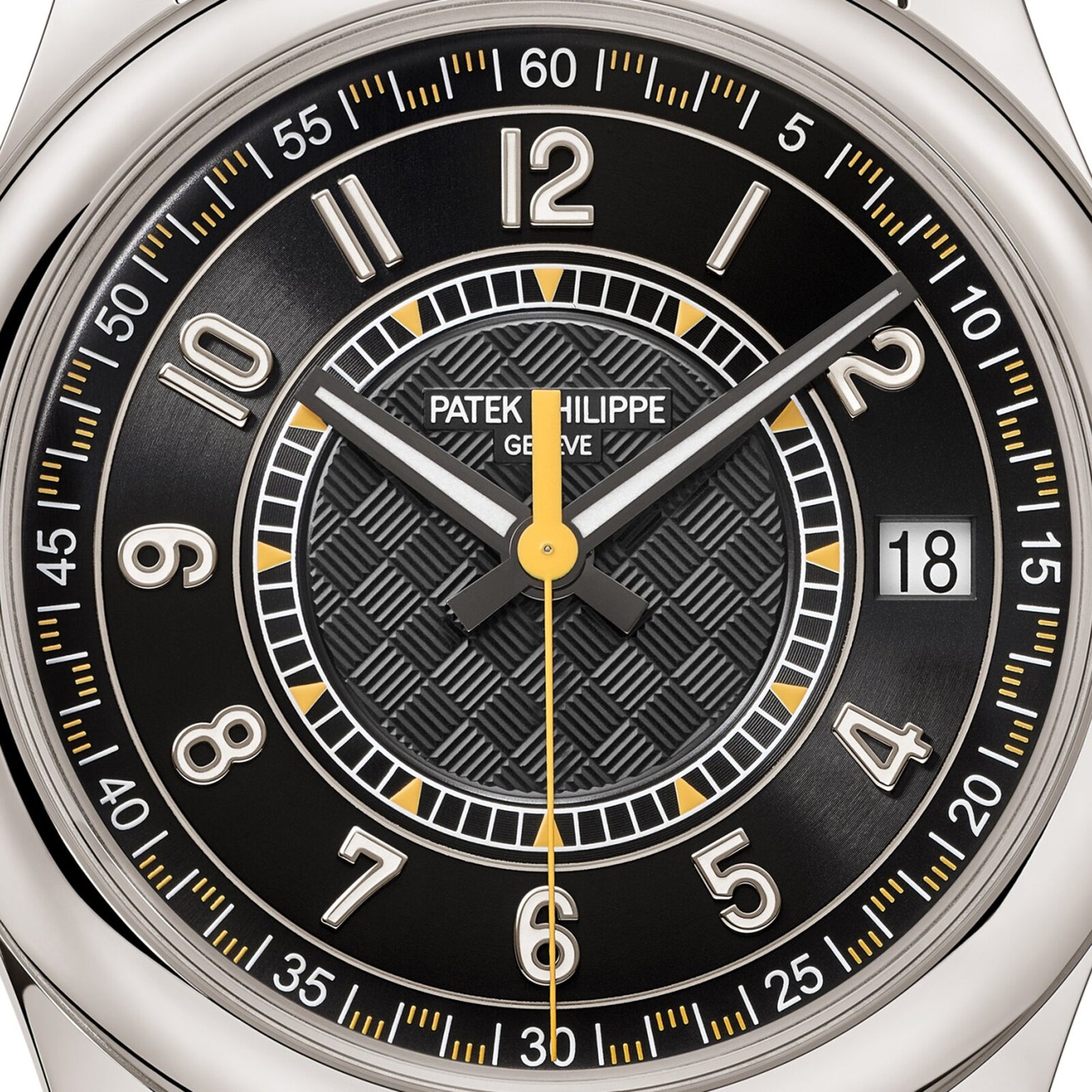 Close-up of a Patek Philippe Calatrava 6007G-001 watch face in black, featuring geometric patterns and yellow accents, displaying the time 1:58:00.