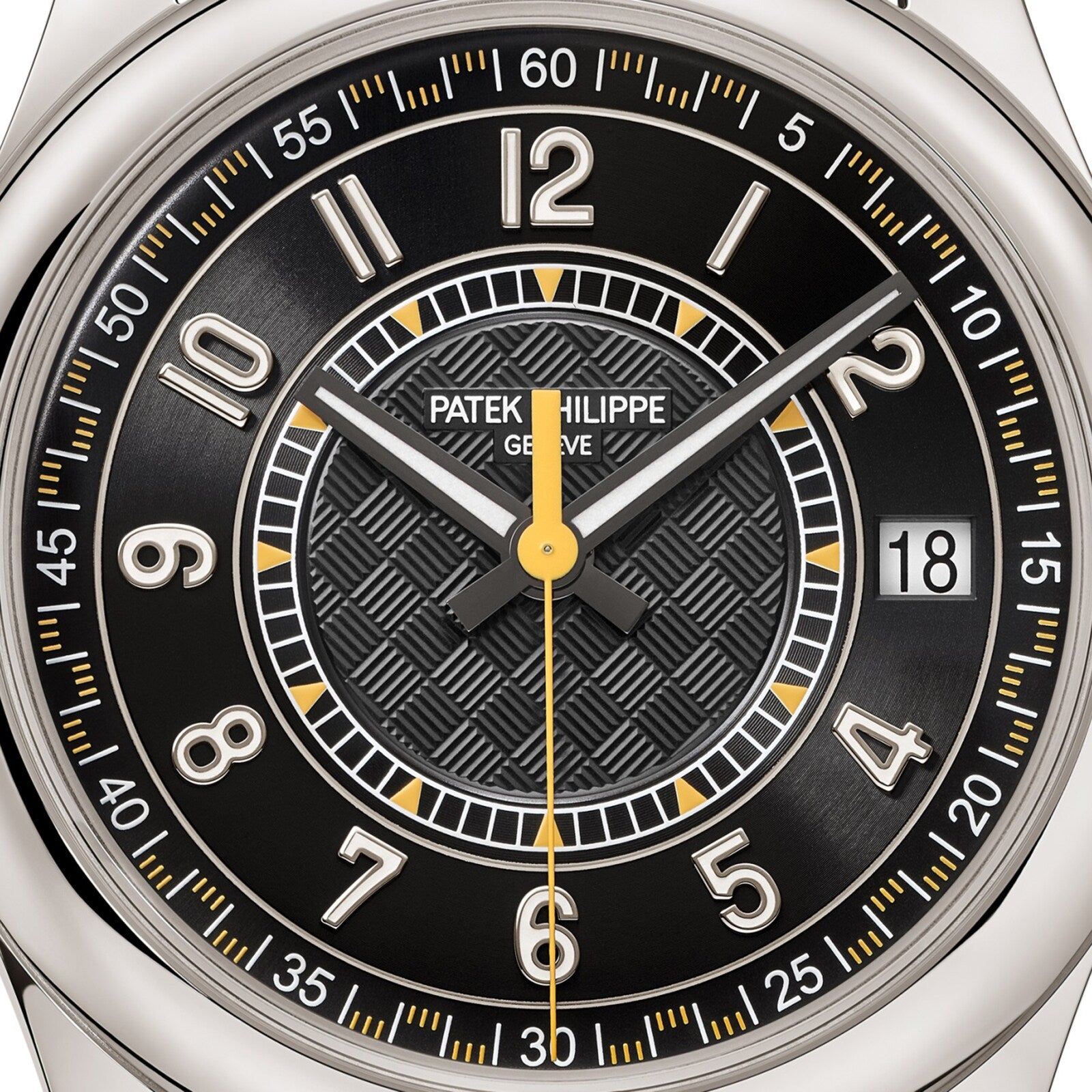 Close-up of a Patek Philippe Calatrava 6007G-001 watch face in black, featuring geometric patterns and yellow accents, displaying the time 1:58:00.