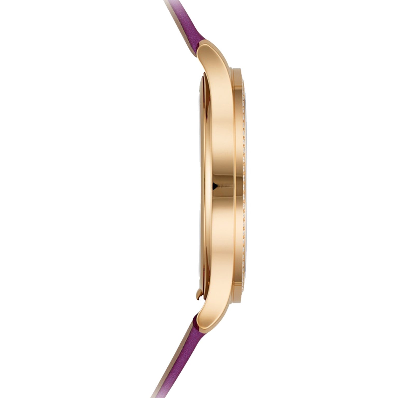 Side view of the Patek Philippe Calatrava 4997/200R-001, featuring a gold slim case and a purple strap.