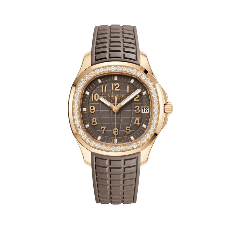 The Patek Philippe Aquanaut 5268/200R-010 features a diamond bezel, a brown patterned dial, and a matching textured brown strap.