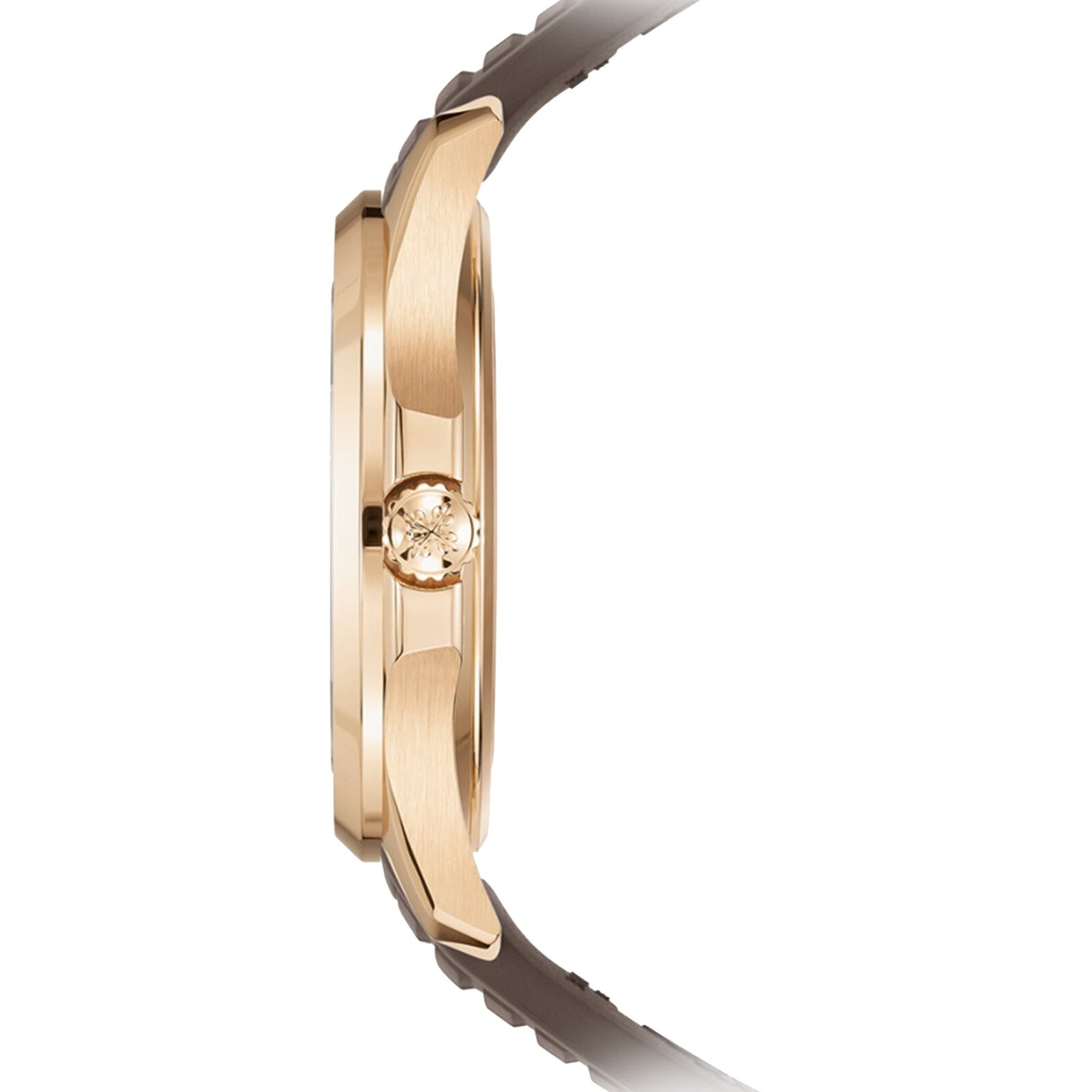 Side view of the Patek Philippe Aquanaut 5268/200R-010 gold wristwatch featuring a brown strap and a textured crown.