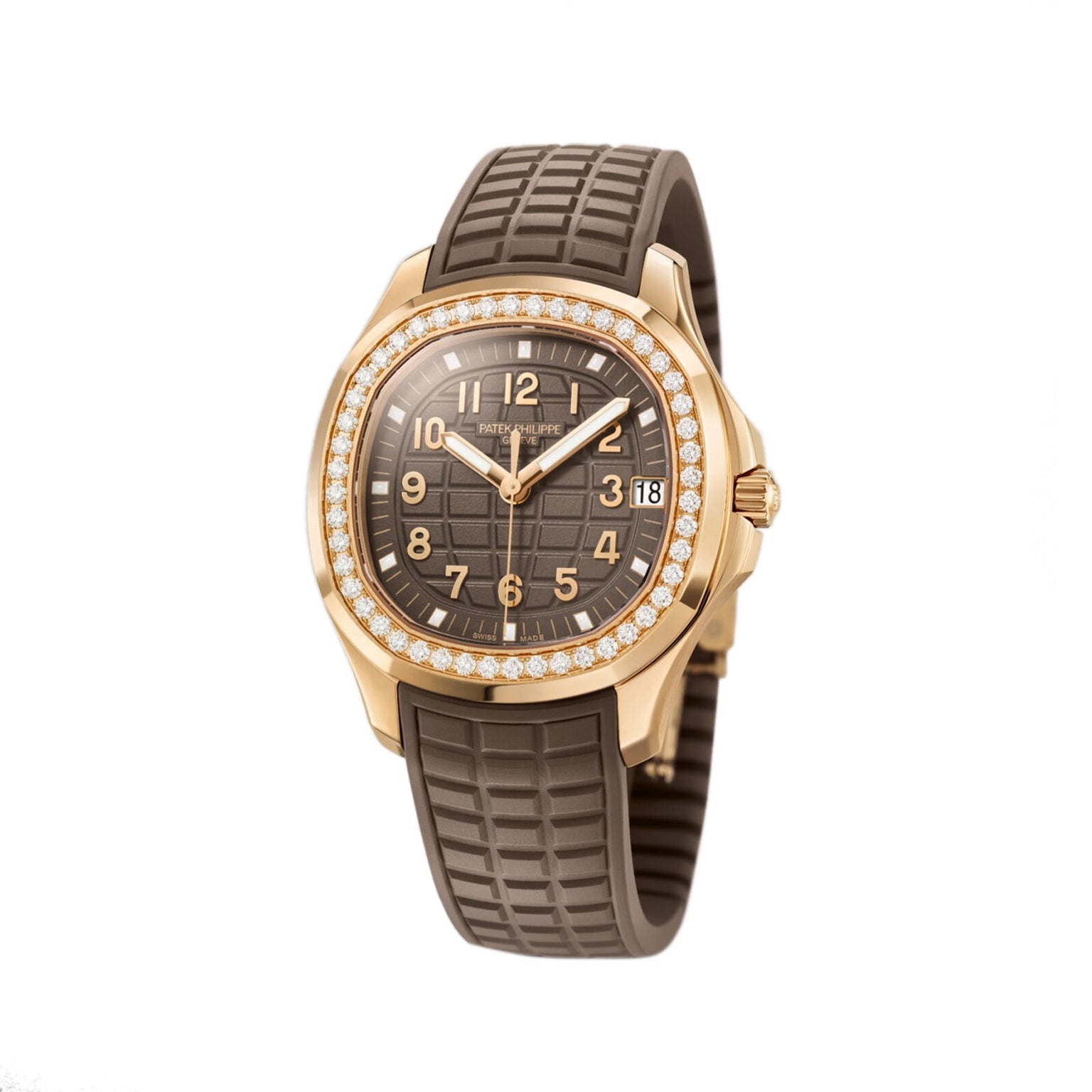 Patek Philippe Aquanaut 5268/200R-010: gold wristwatch featuring a diamond bezel, brown dial, and matching textured brown rubber strap.